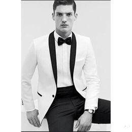 New Stylish Design Groom Tuxedos One Button White Shawl Lapel Groomsmen Best Man Suit Mens Wedding Suits (Jacket+Pants+Tie) 935