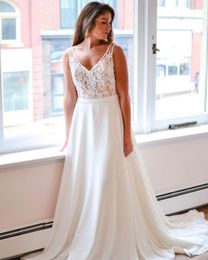 Sexy V Neck Lace Appliques Tops Bride Dresses Chiffon A Line Floor Length Wedding Party Dresses Vestidos De Novia