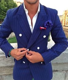 Blue Strips Groom Tuxedos Double-Breasted Men Wedding Tuxedo New Fashion Men Jacket Blazer Men Prom Dinner/Darty Suit(Jacket+Pants+Tie) 1510