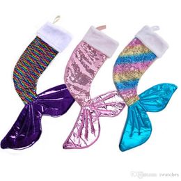 Sequins mermaid Christmas socks 3 Colours purple gilt fabric Christmas holiday decoration pendant candy gift bag