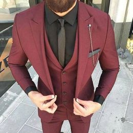 New Arrival One Button Burgundy Wedding Groom Tuxedos Peak Lapel Groomsmen Mens Business Party Suits (Jacket+Pants+Vest+Tie) 563