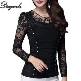 Dingaozlz Blusas Femininas Elegante Women Blouse Casual Mesh Tops Long Sleeve Plus Size Clothing Diamond Patchwork Lace Shirt Y19050501