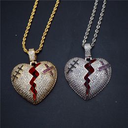 High Quality Yellow White Gold Plated Full CZ Heart Pendant Necklace with Rope Chain for Men Women Hot Gift