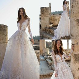 elegant a line wedding dresses lace appliqued beach wedding dress v neck long sleeves backless bohemia plus size bridal gown
