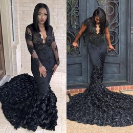 Black Girl Lace Long Sleeve Evening Dresses Mermaid Deep V Neck Appliques Beaded Formal Evening Gowns Cheap african Pageant Prom Gowns