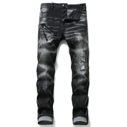 Уникальные мужские расстроенные значки черные джинсы скинни -джинсы модельер Slim Fit, промытый мотоцикл джинсовые брюки панель хип -хоп брюки 1057 1057