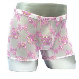 Pink Lace Boxer Shorts Men Sexy See Through Panties Novelty Floral Embroidery Briefs Elastic Waist Gauze Breathable Underpants