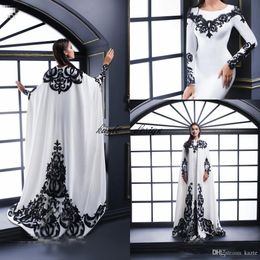 Black and White Kaftan Dubai Abaya Mermaid Evening Dresses with Cape Jewel Neck Long Sleeves Floor Length Prom Dress Evening Party Gowns