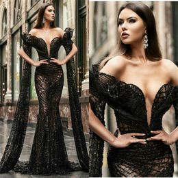 Luxury Black Mermaid Evening Dresses Off-shoulder Sleeveless Appliqued Beaded Sequins Prom Dress Sweep Train Sexy Special Occasion Gowns