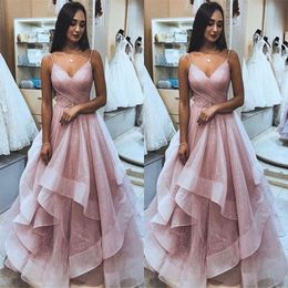 Ruffles Spaghetti Straps Prom Dresses A Line Tiered Skirt Sequins Shinning Dusty Pink Cocktail party Dress Custom Made Homecoming Dress