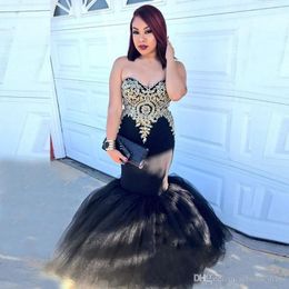 Black African Plus Size Mermaid Prom Dresses Gold Appliques Sweetheart Puffy Tulle Long Formal Evening Dresses Wear Party Gowns Vestidos
