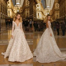 Berta Beloved Wedding Dresses Deep V-Neck Long Sleeves Full Lace Bridal Gowns Open Back Sweep Train A-Line Wedding Dress Robe De Mariee