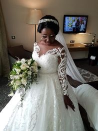 2019 Arabisch Aso Ebi Spitze Perlen Vintage Brautkleider Sheer Neck Long Sleeves Brautkleider Sexy Brautkleider ZJ225