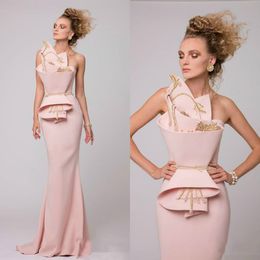 Unique Design Pink Mermaid Prom Dresses With Gold Embroidery Ruched Satin Backless Evening Gowns Saudi Arabic Long Formal Wear Party Dress