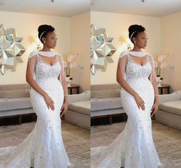 Luxury Plus Size Mermaid Wedding Dreses con Wrap Branding Crystal Lace Appliqued Spaghetti Abito da sposa Abito da sposa Abiti da sposa Vestidos de Novia