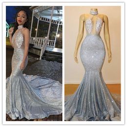 2020 Sparkly Sexy Mermaid Prom Dresses Silver High Neck Long Lace Sequins Beaded Backless Evening Gowns Formal Party Dress BC0679