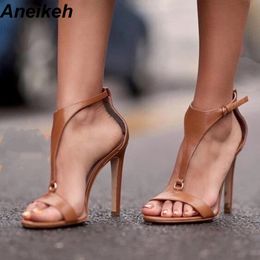Aneikeh NEW Brown T Strap Stiletto Heels Open Toe Sandals for Women Summer Buckle Strap Gladiator Sandals High Heels Shoe Black MX200407