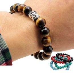 10mm Tiger Eye Beads Buddha Men Bracelets Prayer Chakra Healing Meditation Turquoise Natural Stone Yoga Hand Chain Women Jewelery Accessory