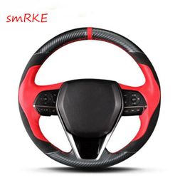 Hand sewing Carbon Fibre Red leather steering wheel cover for Toyota camry 2018