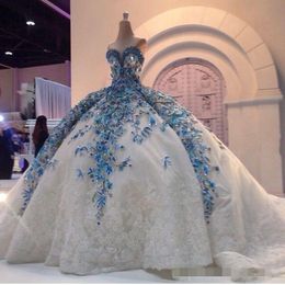 Bollblå klänningar applicerad älskling halsringning paljetter spets kapell tåg skräddarsydd bröllop brudklänning