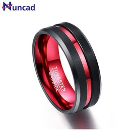 Men's 8MM Black and Red Tungsten Carbide Ring Matte Finish Beveled Edges Size 7 to 16