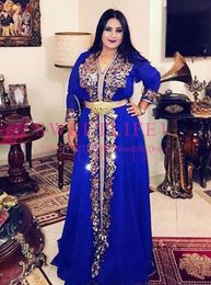 -Elegantes königsblau muslimisches Abendkleid marokkanischer Kaftan Robe De Soiree Dubai Spitze Applique formelles Kleid Langarm Frauen Party Kleider