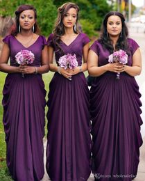 Afircan Purple Chiffon Long Bridesmaid Dresses Cheap V Neck Ruched Ruffles Floor Length Plus Size Wedding Guest Party Maid Of Honour Dresses