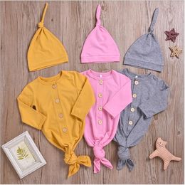 Toddle Clothes Autumn Solid Striped Rompers Hats Suits Newborn Long Sleeve Pajamas Fish Tail Sleeping Bags Caps Set Homewear Sleepwear B6953