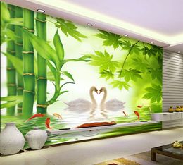 Beautiful Bamboo Swan Lake Scenic View Bedroom Background Wall Decoration Mural Wallpaper