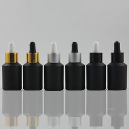black and gold packaging UK - Empty frosted black 30ml Glass Essential Oil Dropper Bottle packaging with black or gold collar and small silicone head