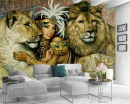 3d Wallpaper Living Room Sexy Beauty and Tiger Lion Customise European Style Interior Decoration Silk Mural Wallpaper