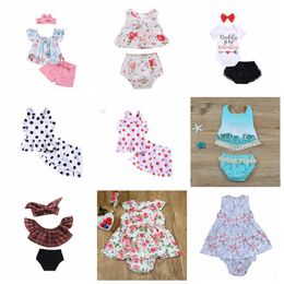 Kids Clothes Girls Summer Flat Shouders Tops Shorts Sets Baby Floral Dot Print Lace Ruffled Suits Children Clothing Sets 15 Style ZYQA462