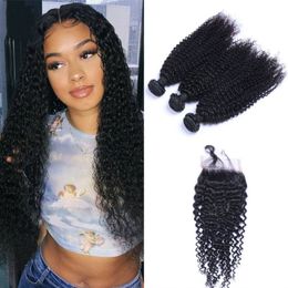 Cambodian Human Hair Kinky Curly Extensions 4x4 Top Lace Closure with 3 Bundles Hair Weft for Women