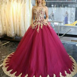 Fuchsia Prom Dresses 2019 Gold Lace Appliques Elegant Evening Formal Dresses Ball Gowns Sweetheart Ladies Party Gowns