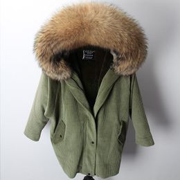 2019 brown raccoon fur hoody women warm jackets maomaokong brand dark green rabbit fur lining long Corduroy parkas