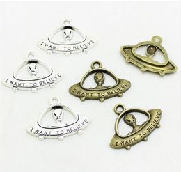 80Pcs I Want To Believe UFO Charms Antique Silver bronze Alien Charm For DIY Charms Pendant Necklace Jewellery Accessories Finding 23*13mm