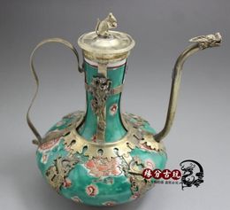 China handmade porcelain Tibet silver carving Blue and white tea kettle wine pot