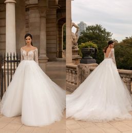 Elegant Beach Wedding Dresses Jewel Sheer Long Sleeve A Line Applique Lace Wedding Gown Boho Sweep Train Custom Made Robe De Mariee Cheap