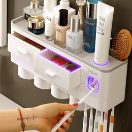 2 3 4 Cups Toothbrush Holder Automatic Toothpaste Dispenser With Cup Wall Mount Toiletries Storage Rack Bathroom Accessories Set
