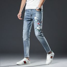 New Fashion jeans for men slim fit pants classic jeans male denim Fllower embroid Straight Elasticity pencil Trousers