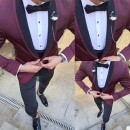Burgundy Groom Wear Wedding Tuxedos Slim Fit One Button Two Pieces Mens Suits High Quality Prom Formal Blazer ( Jacket+Pants)