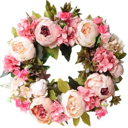 Artificial Peony Flower Wreath - 15" Pink Flower Door Wreath with Green Leaves Spring Wreath for Front Door, Wedding, Wall, Home Decor