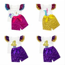 Baby Girl Clothes Kids T-Shirts Sequins Shorts Suits Fly Sleeve Tops Glitter Pants Outfits Short Sleeve Tees Bow Pants Clothing Sets A5903