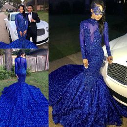 Royal Blue Mermaid Prom Dresses 2K19 Ruched Rose Long Train Evening Dress Sheer Neck Lace Appliques Long Sleeves Formal Party Gowns