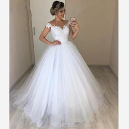 White Lace Beaded Pleated Empire Waist Princess Wedding Dresses Bridal Gowns 2020 Off Shoulder Short Sleeve Tulle Piping Wedding Reception