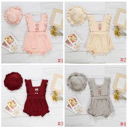 Baby Girls Clothes Kids Ruffle Rompers Cap Clothing Sets Infant Cotton Linen Solid Jumpsuits Hats Suits Summer Sleeveless Onesies D849