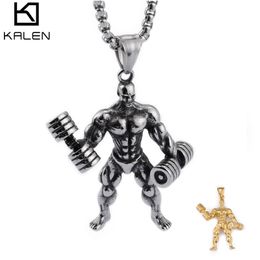 Hip Hop Figure Muscle Man Pendant Necklace For Men Stainless Steel Silver Gold Dumbbell Gym Fitness Necklace Sport Jewellery