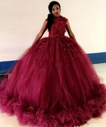 Burgundy Beads Appliques Tulle Prom Dresses 2019 Dubai Arabic Formal Quinceanera Ball Gowns Zipper Back Plus Size Red Party Evening Dresses