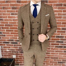 2020 Handsome Tweed Men Wedding Tuxedos Slim Fit Two Button Casual Prom Suits Man Party Blazer Suit (Jacket+Vest+Pants)