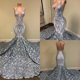 Sexy Silver Grey Mermaid Evening Dresses Backless Lace 3D Flowers Custom Prom Gowns Elegant robes de soirée